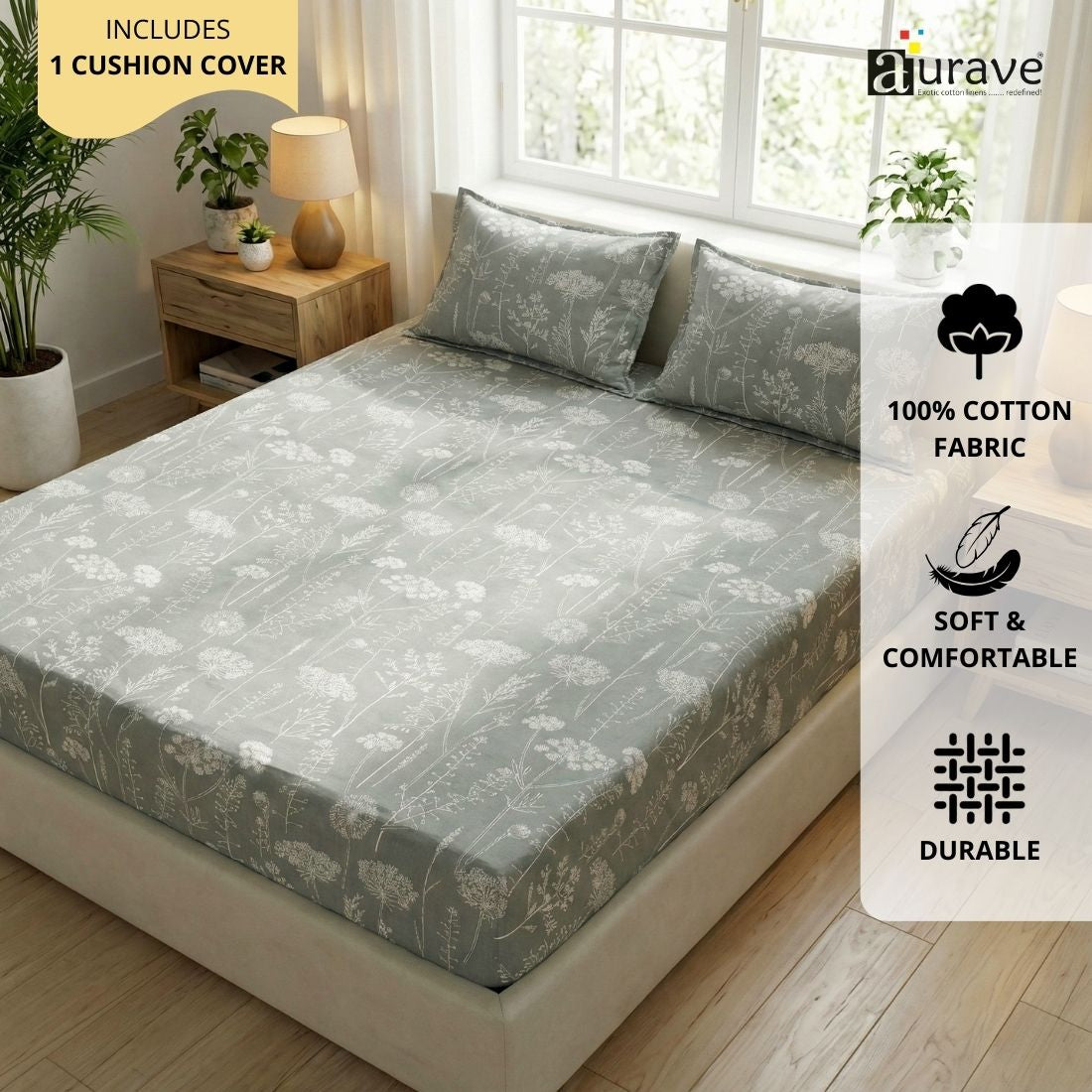 Printed Floral Cotton 144 TC Fitted Bedsheet with Pillow Covers - Grey