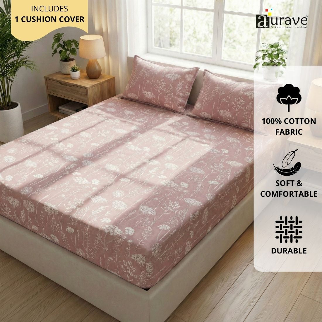 Printed Floral Cotton 144 TC Fitted Bedsheet with Pillow Covers - Magenta