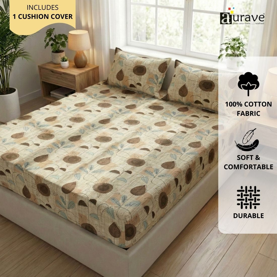 Printed Floral Cotton 144 TC Fitted Bedsheet with Pillow Covers - Brown