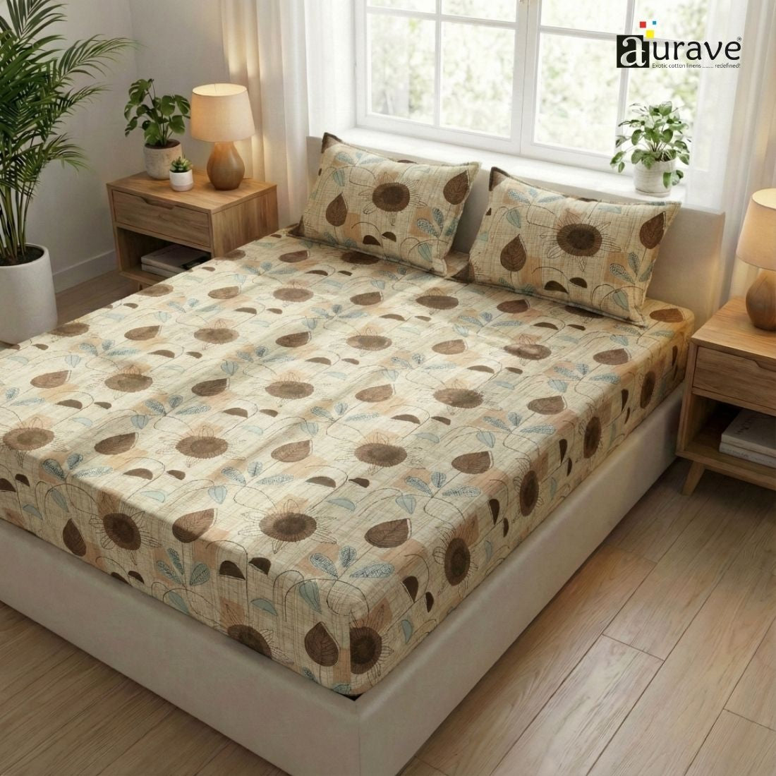 Printed Floral Cotton 144 TC Flat Bedsheet with Pillow Covers - Brown