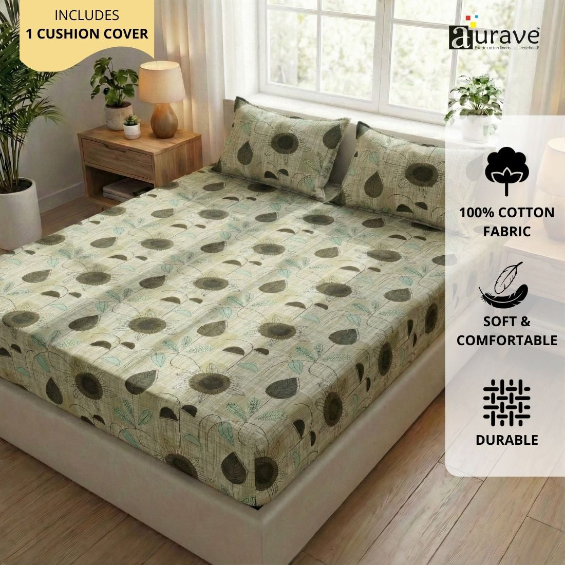 Printed Floral Cotton 144 TC Fitted Bedsheet with Pillow Covers - Khaki