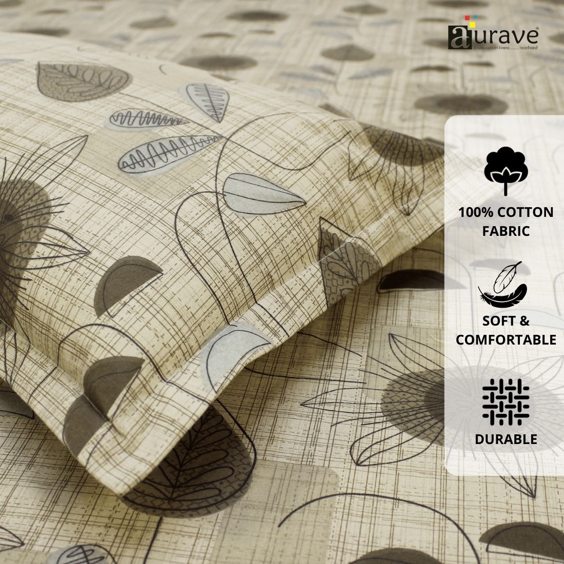 Printed Floral Cotton 144 TC Flat Bedsheet with Pillow Covers - Khaki