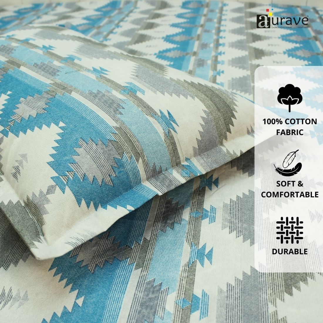 Printed Floral Cotton 144 TC Flat Bedsheet with Pillow Covers - Blue