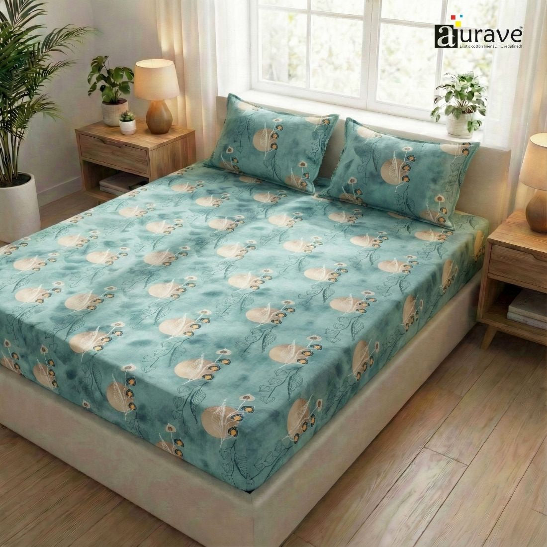 Printed Floral Cotton 144 TC Flat Bedsheet with Pillow Covers - Blue