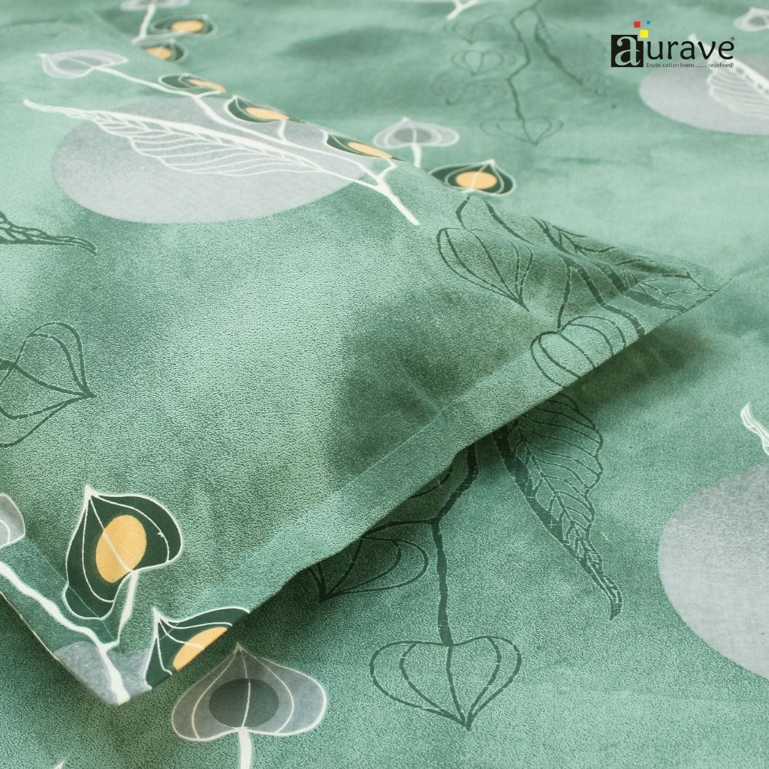 Printed Floral Cotton 144 TC Fitted Bedsheet with Pillow Covers - Green