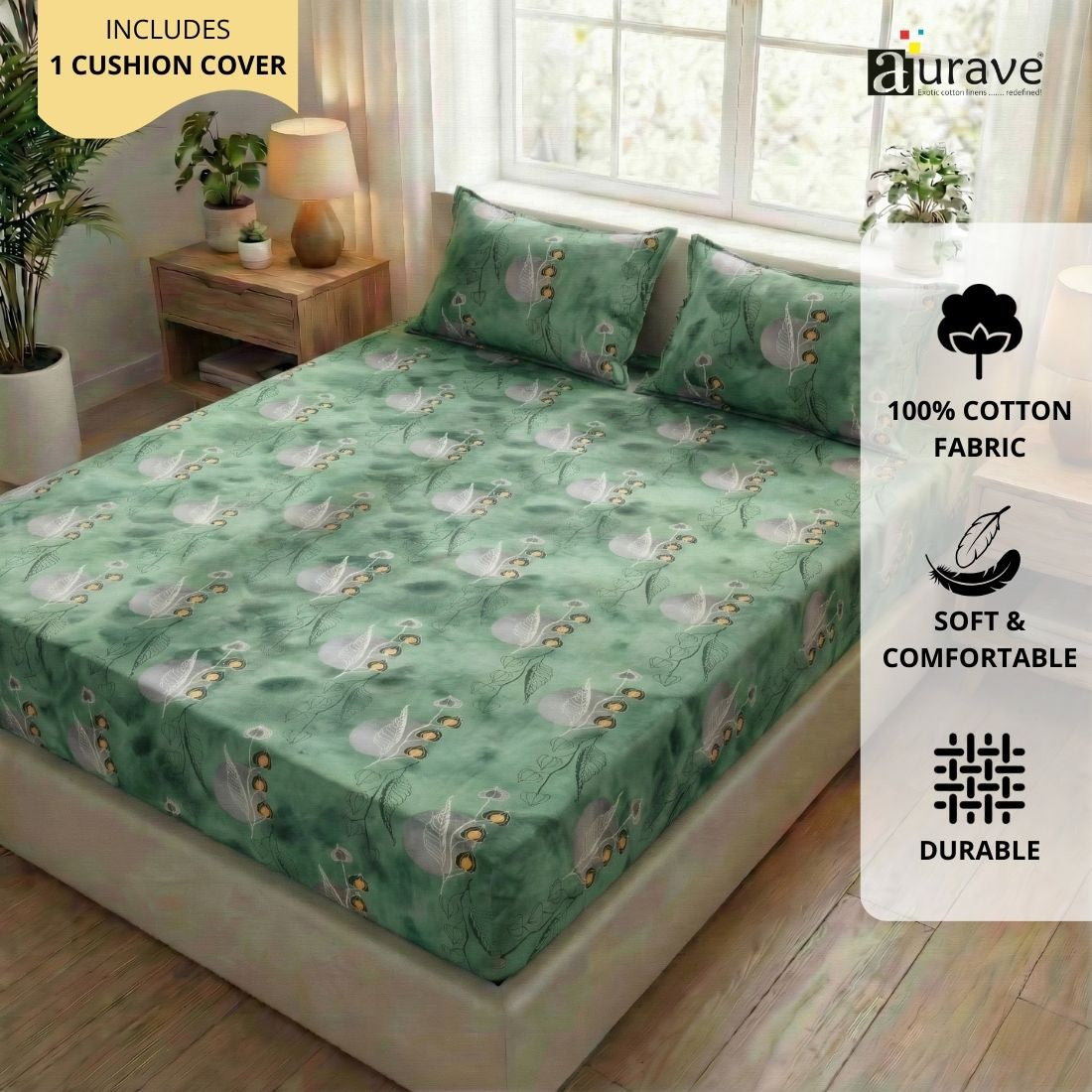 Printed Floral Cotton 144 TC Fitted Bedsheet with Pillow Covers - Green
