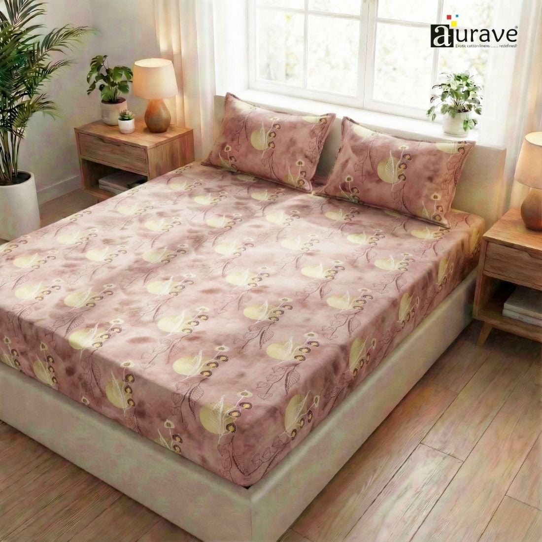 Printed Floral Cotton 144 TC Flat Bedsheet with Pillow Covers - Magenta