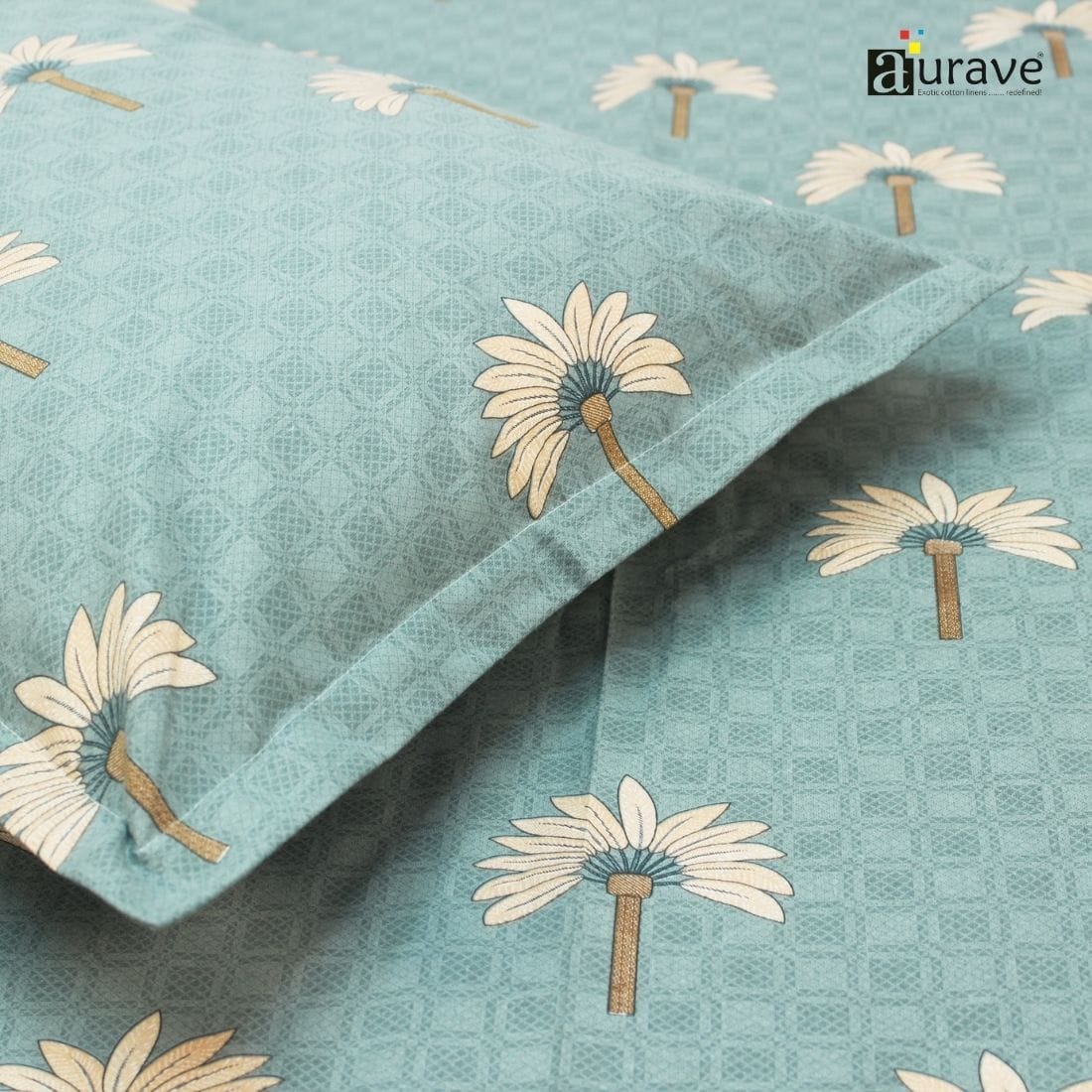 Printed Floral Cotton 144 TC Fitted Bedsheet with Pillow Covers - Blue