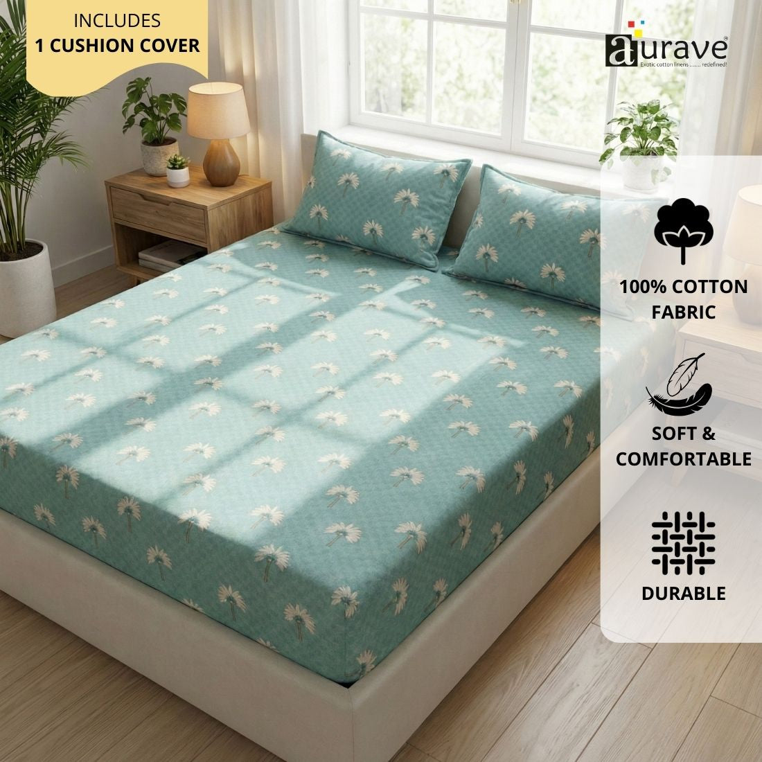 Printed Floral Cotton 144 TC Fitted Bedsheet with Pillow Covers - Blue