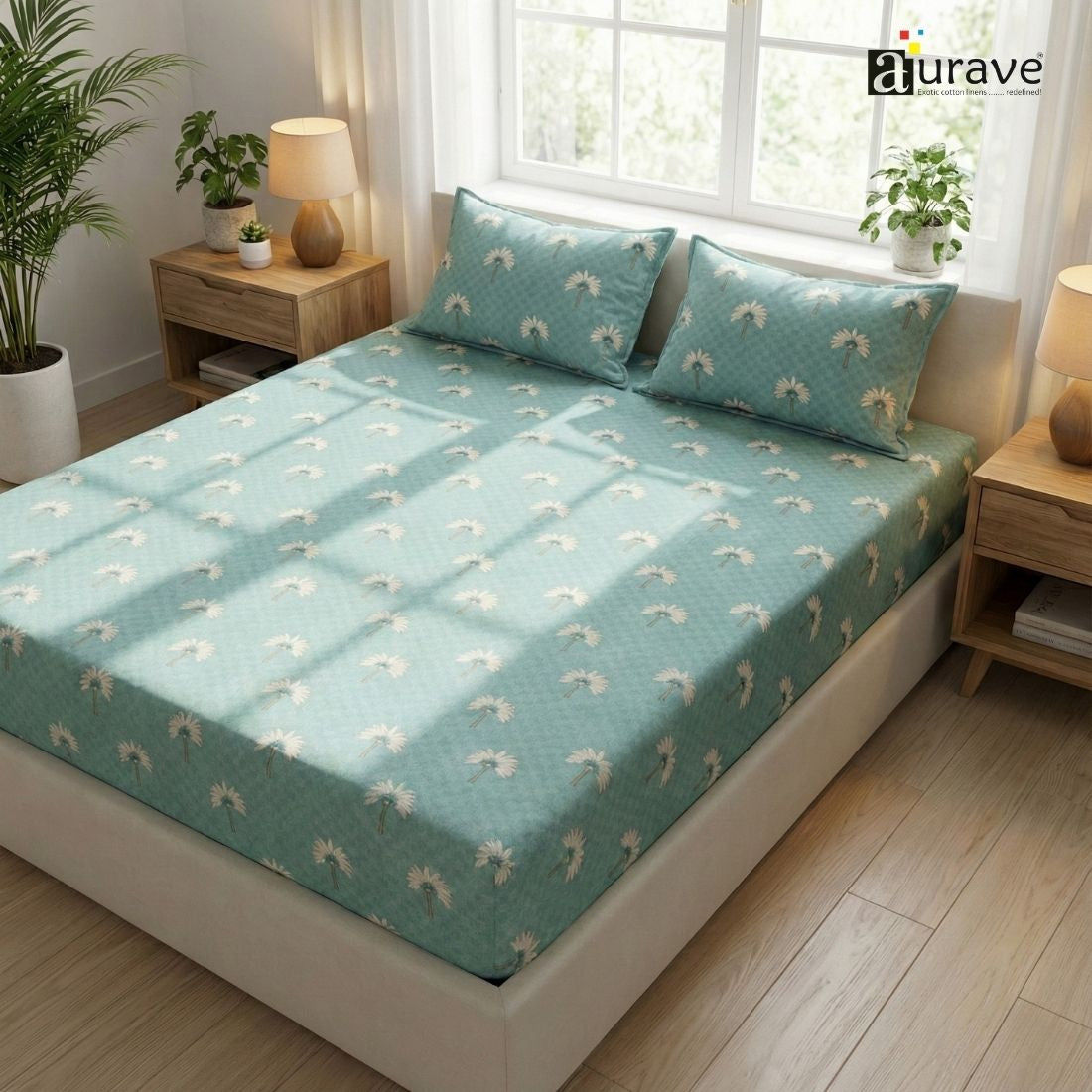 Printed Floral Cotton 144 TC Flat Bedsheet with Pillow Covers - Blue
