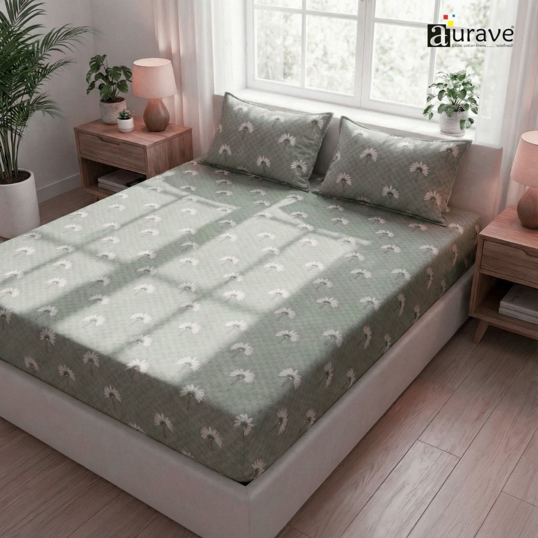 Printed Floral Cotton 144 TC Flat Bedsheet with Pillow Covers - Grey