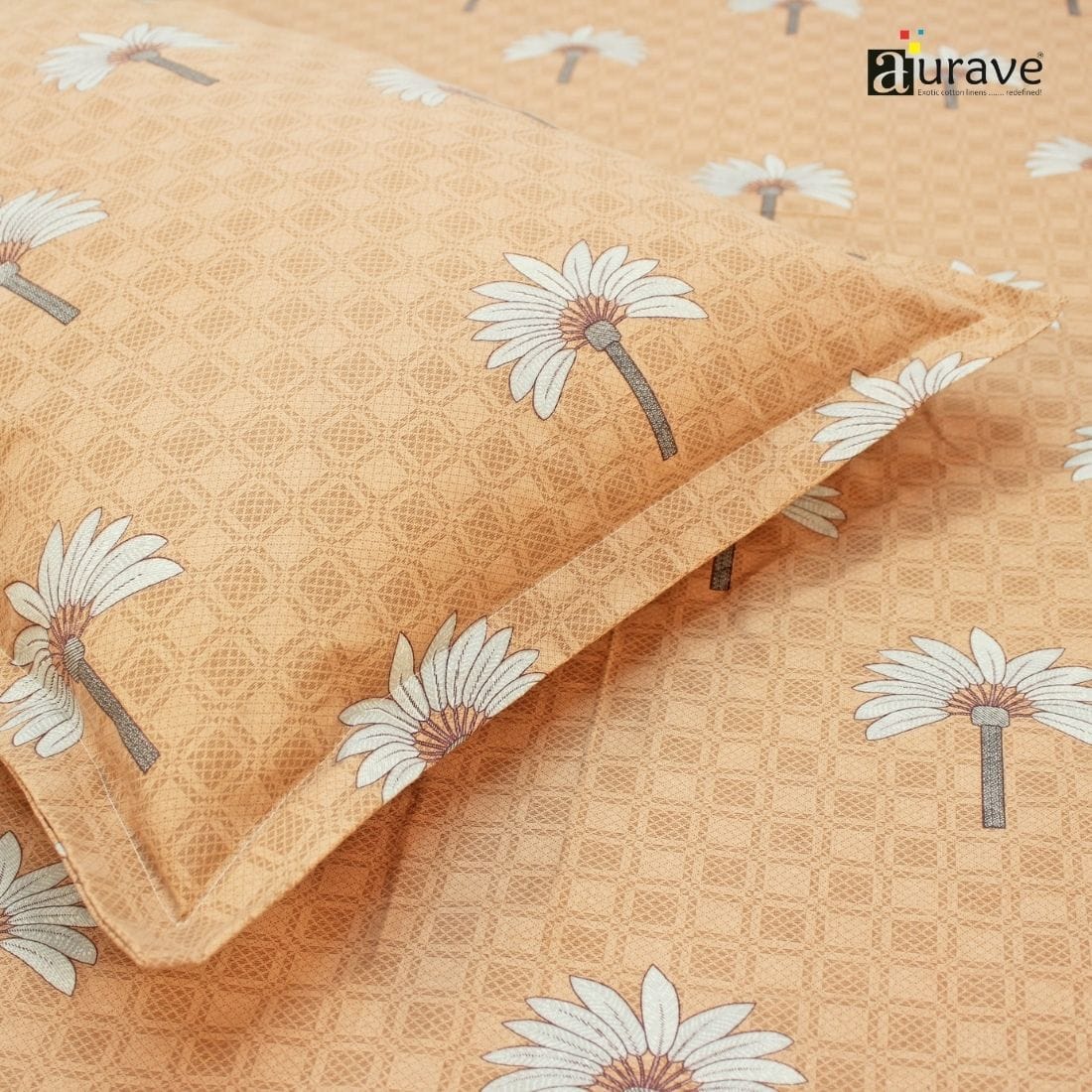 Printed Floral Cotton 144 TC Fitted Bedsheet with Pillow Covers - Peach
