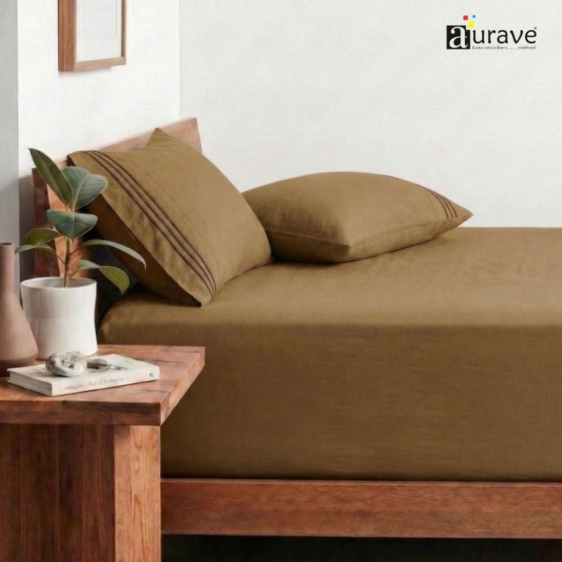 Luxury King Size Cotton Flat Bedsheet with Embroidered Pillow Covers - Coffee Brown