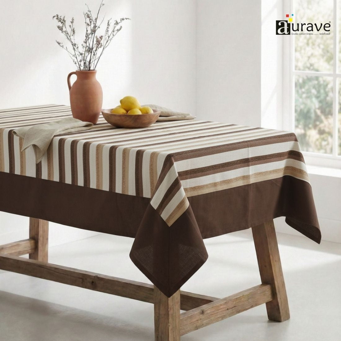 ALPHA Woven Cotton Stripes 1 Pc Table Cover - Coffee & Brown