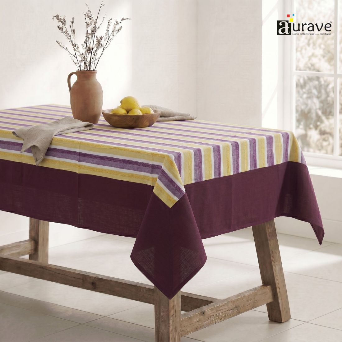 ALPHA Woven Cotton Stripes 1 Pc Table Cover - Purple & Gold