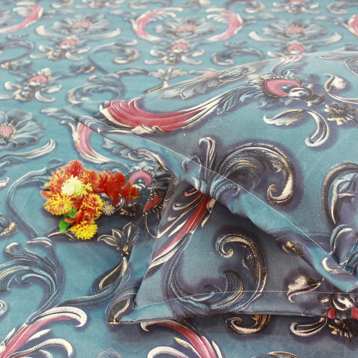 Floral 7D Digital Printed Fitted Bedsheet with Pillow Covers - Blue