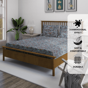 Floral 7D Digital Printed Fitted Bedsheet with Pillow Covers - Blue