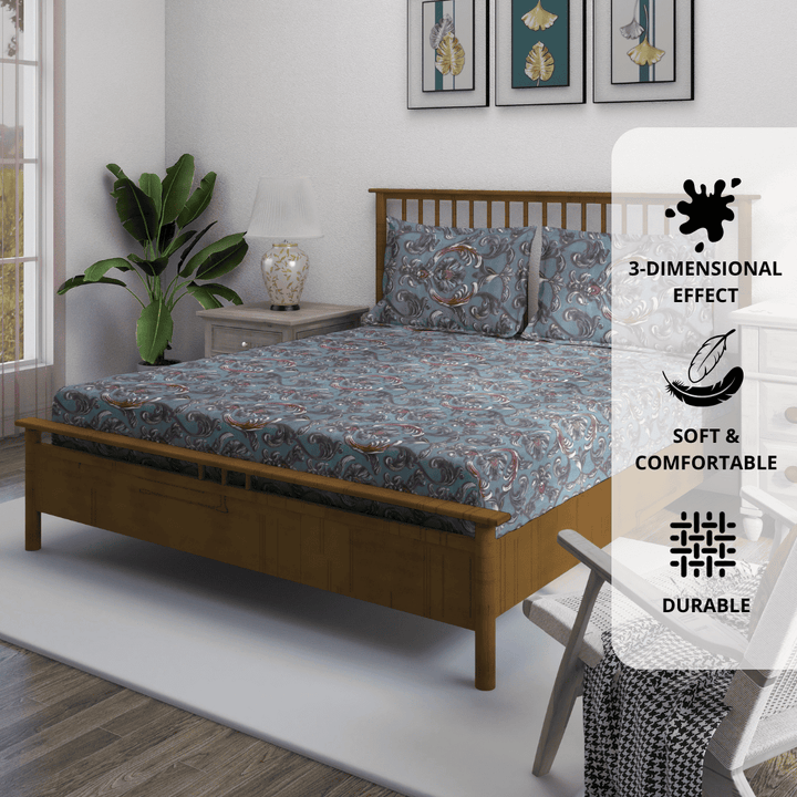 Floral 7D Digital Printed Fitted Bedsheet with Pillow Covers - Blue