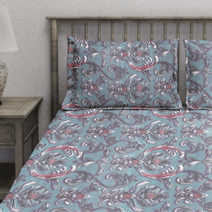 Floral 7D Digital Printed Fitted Bedsheet with Pillow Covers - Blue