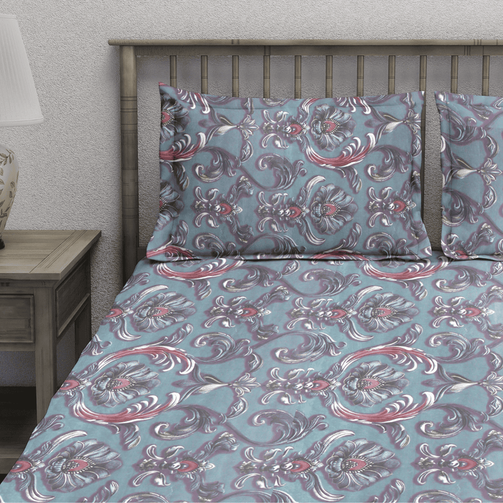 Floral 7D Digital Printed Fitted Bedsheet with Pillow Covers - Blue