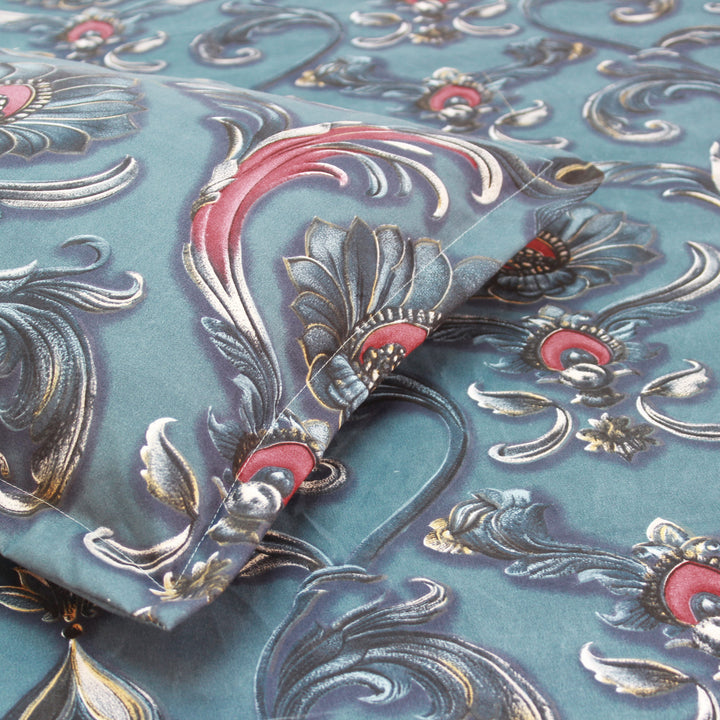 Close-up Floral 7D Digital Printed Fitted Bedsheet with Pillow Covers - Blue