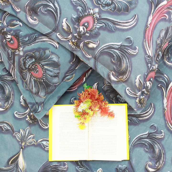 Floral 7D Digital Printed Fitted Bedsheet with Pillow Covers - Blue