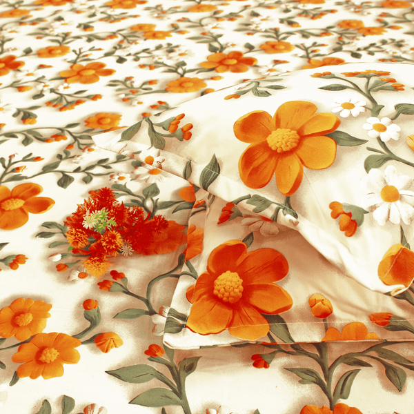 Floral 7D Digital Printed Fitted Bedsheet with Pillow Covers - Orange