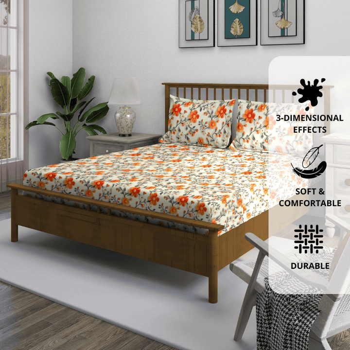 Floral 7D Digital Printed Fitted Bedsheet with Pillow Covers - Orange