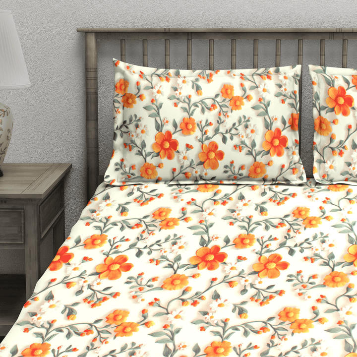 Floral 7D Digital Printed Fitted Bedsheet with Pillow Covers - Orange