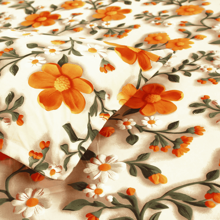 Close-up Floral 7D Digital Printed Fitted Bedsheet with Pillow Covers - Orange