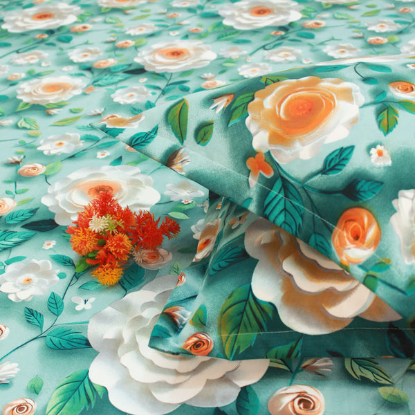 Floral 7D Digital Printed Fitted Bedsheet with Pillow Covers - Aqua