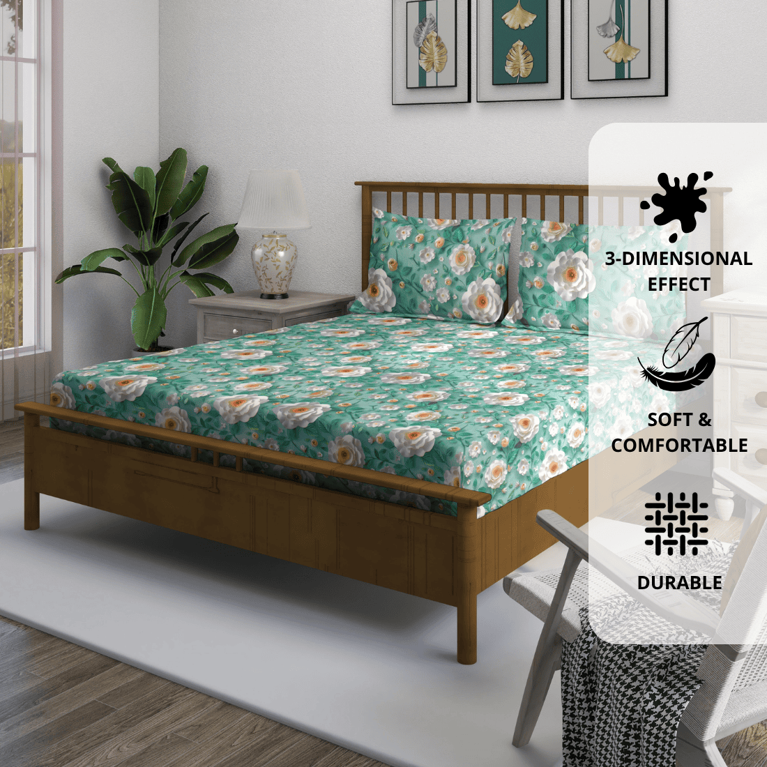 Floral 7D Digital Printed Fitted Bedsheet with Pillow Covers - Aqua