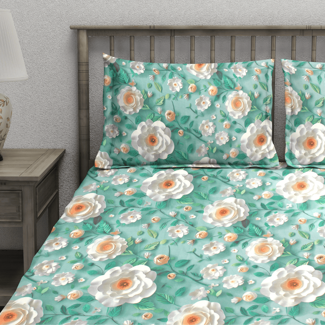 Floral 7D Digital Printed Fitted Bedsheet with Pillow Covers - Aqua