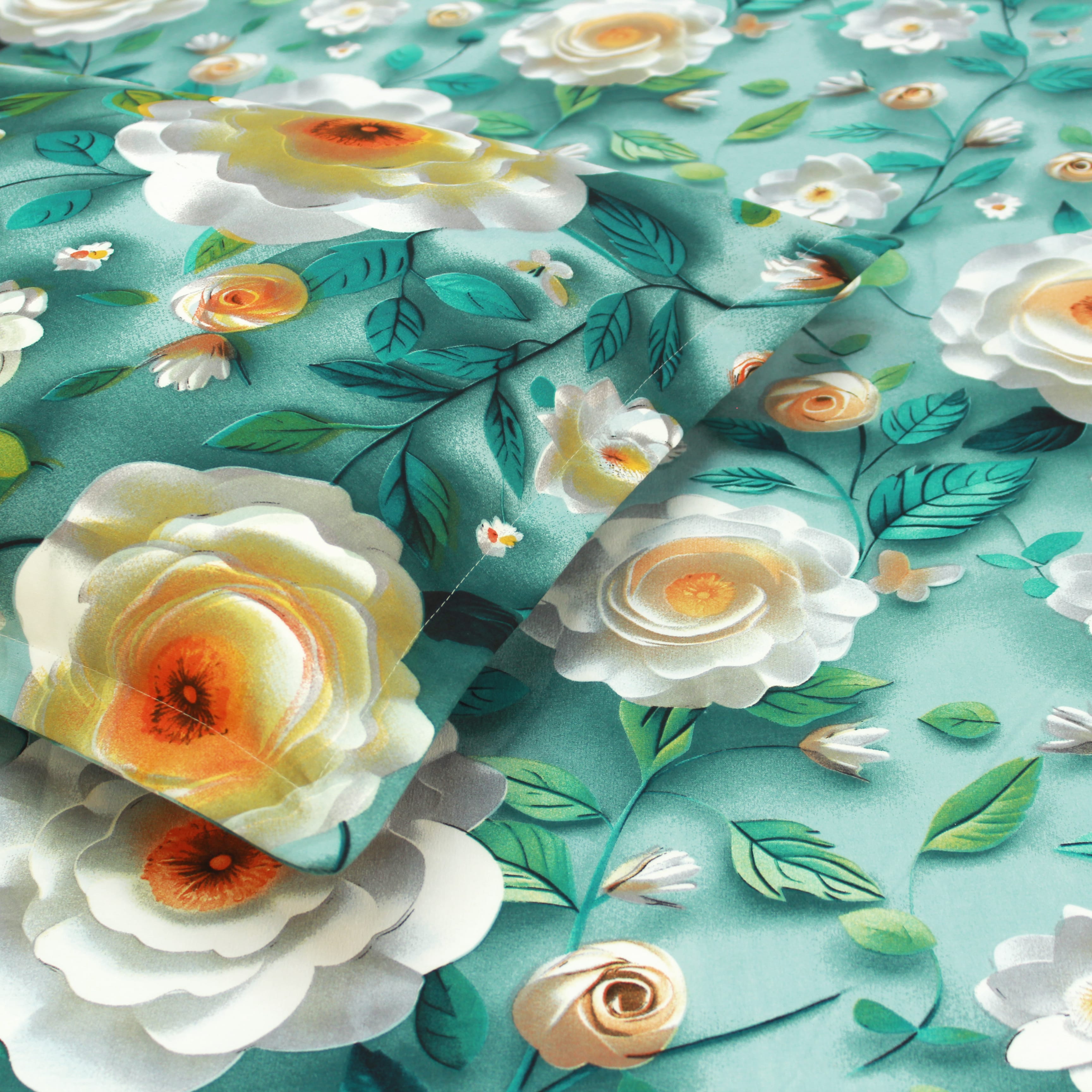 Close up Floral 7D Digital Printed Fitted Bedsheet with Pillow Covers - Aqua