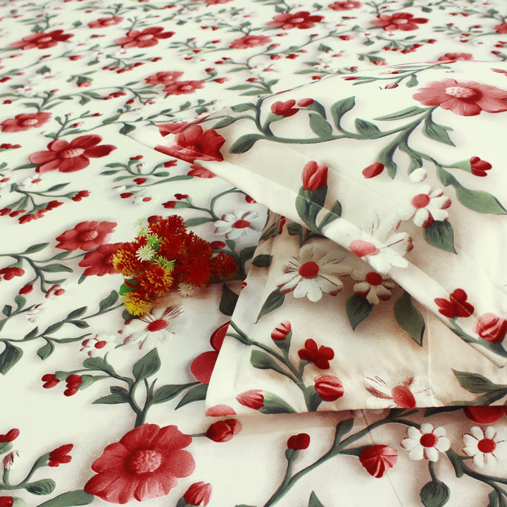 Close up Floral 7D Digital Printed Fitted Bedsheet with Pillow Covers - Multicolor