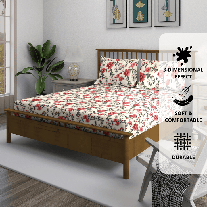 Floral 7D Digital Printed Fitted Bedsheet with Pillow Covers - Multicolor