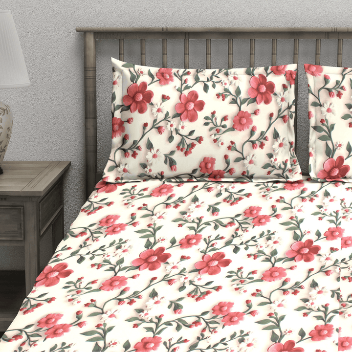 Close up Floral 7D Digital Printed Fitted Bedsheet with Pillow Covers - Multicolor