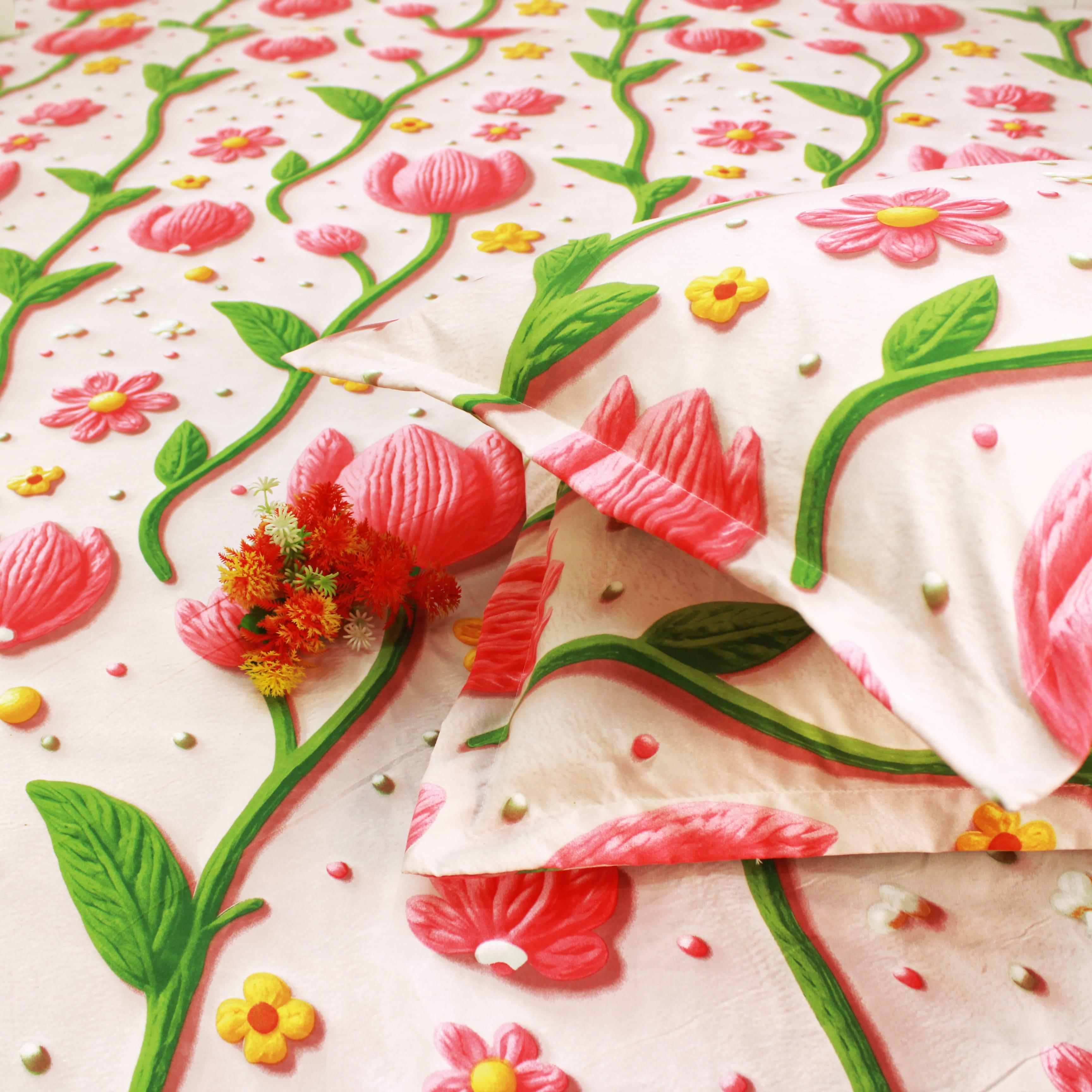 Floral 7D Digital Printed Fitted Bedsheet with Pillow Covers - Pink