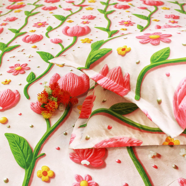 Floral 7D Digital Printed Fitted Bedsheet with Pillow Covers - Pink