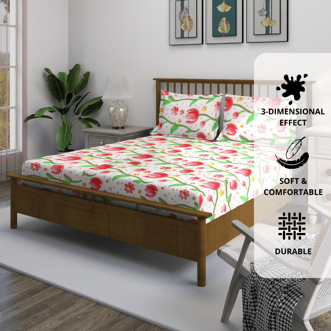 Floral 7D Digital Printed Fitted Bedsheet with Pillow Covers - Pink