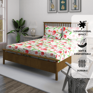 Floral 7D Digital Printed Fitted Bedsheet with Pillow Covers - Pink