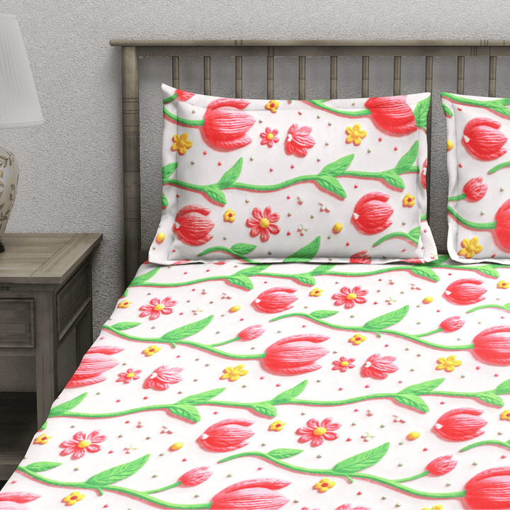 Floral 7D Digital Printed Fitted Bedsheet with Pillow Covers - Pink