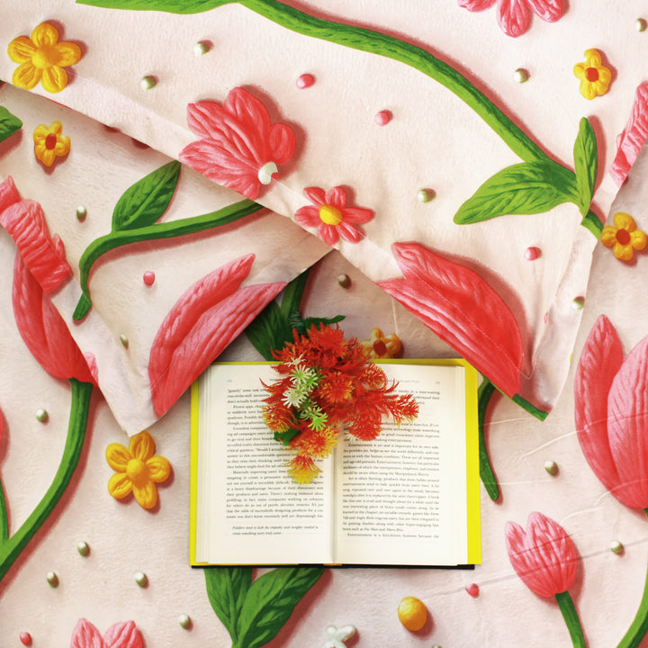 Floral 7D Digital Printed Fitted Bedsheet with Pillow Covers - Pink