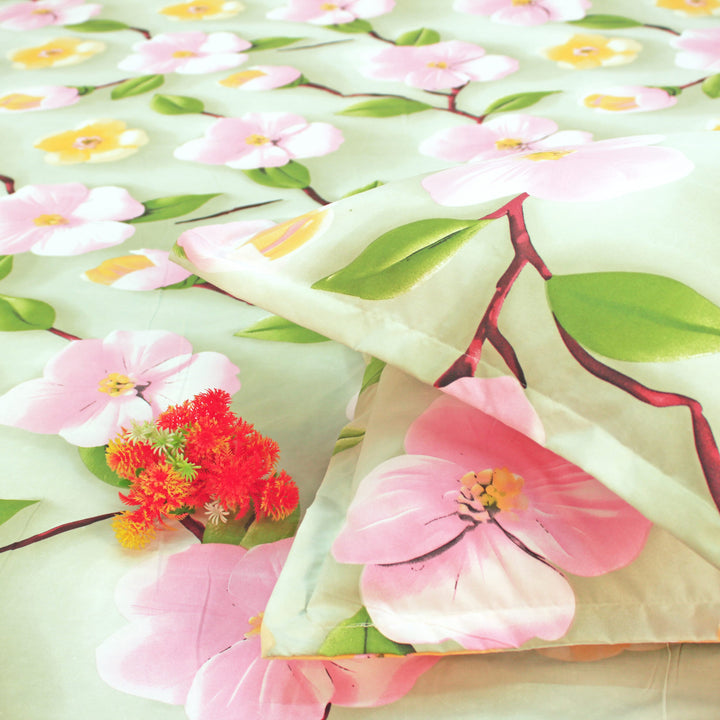 Close up Floral 7D Digital Printed Fitted Bedsheet with Pillow Covers - Green