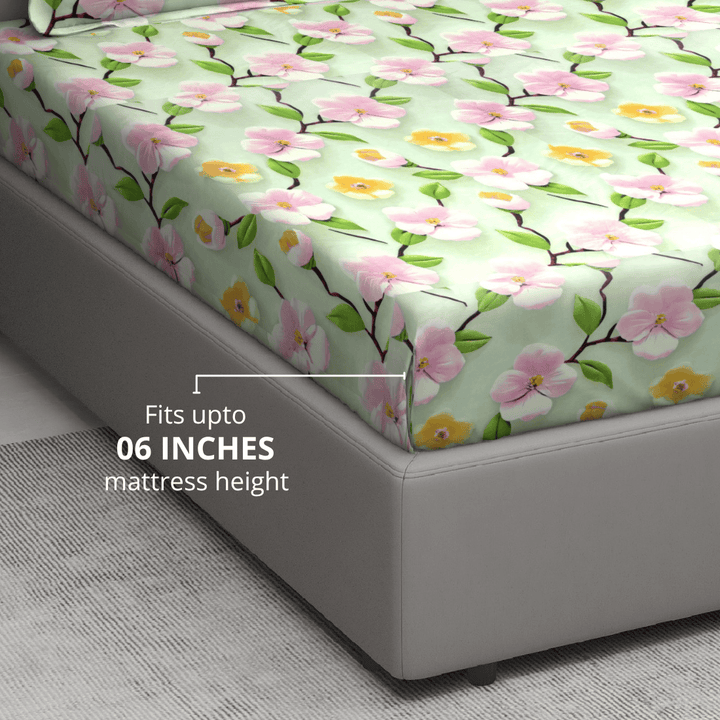 Floral 7D Digital Printed Fitted Bedsheet - Green