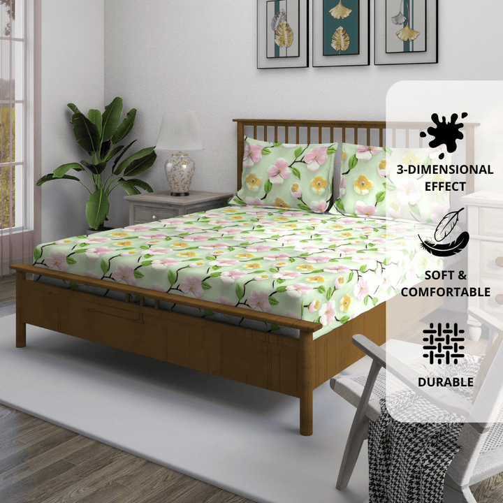 Floral 7D Digital Printed Fitted Bedsheet with Pillow Covers - Green