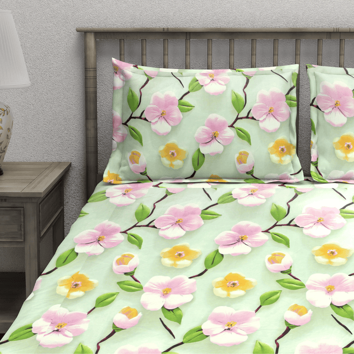 Floral 7D Digital Printed Fitted Bedsheet with Pillow Covers - Green