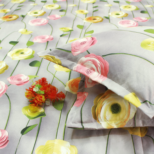 Floral 7D Digital Printed Fitted Bedsheet with Pillow Covers - Grey