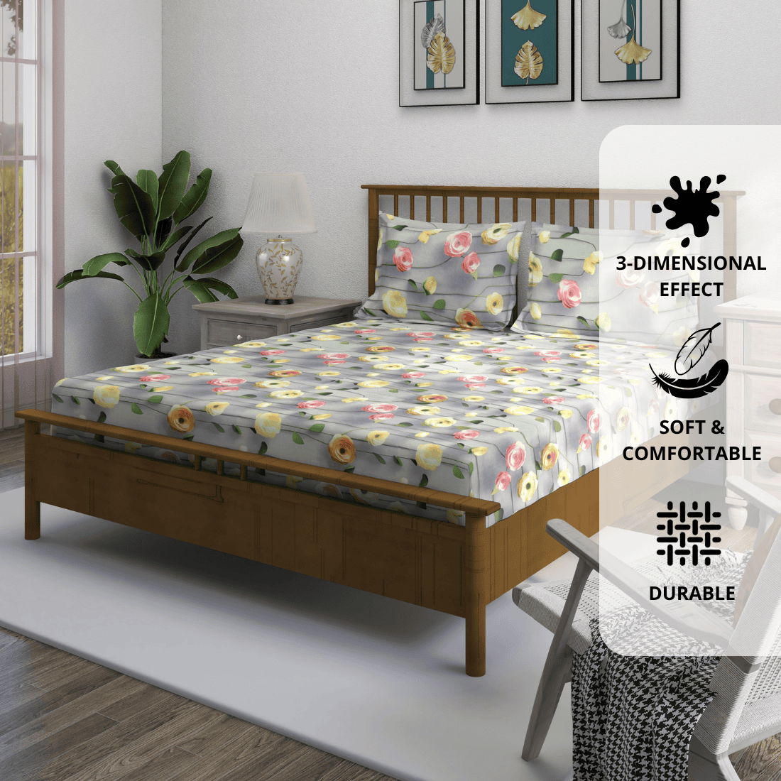 Floral 7D Digital Printed Fitted Bedsheet with Pillow Covers - Grey