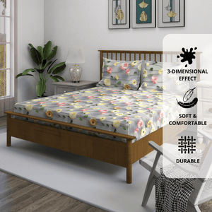 Floral 7D Digital Printed Fitted Bedsheet with Pillow Covers - Grey